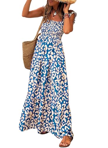 Image of LOLONG Maxi Dress for Women Summer Boho Spaghetti Strap Square Neck Ruffle Beach Sun Dress