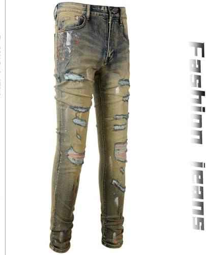 Jeans Pants Trousers Denim Men Street Trendy Ripped Spray Paint Dot Retro Personalized Elastic Slimming Broken Hole Casual Small Foot(Blue,31)2