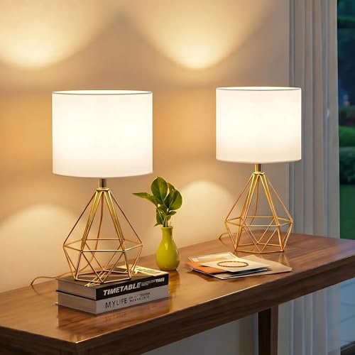 Lámparas de Mesa Doradas Juego x2 con Pantalla Blanca