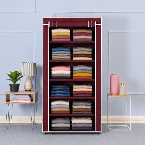 Image of Collapsible Foldable Wardrobe for Clothes | Portable Almirah with 6 Shelves & Hanging Space | Multi-Purpose Modular Storage Organizer | Fabric & Plastic Cupboard | Space-Saving Rack for Bedroom