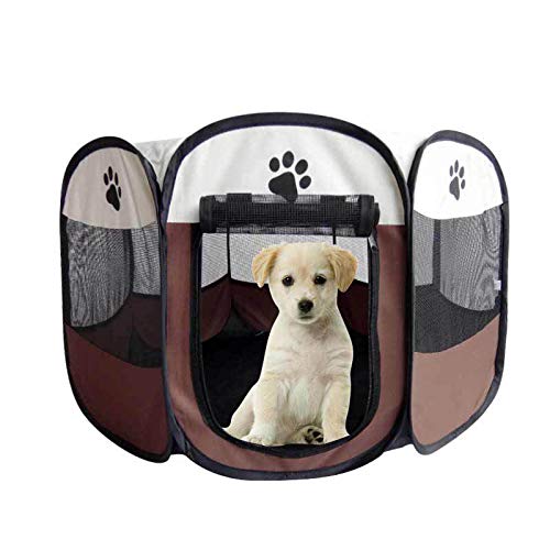 The Fellie Pet Play Pen Portátil Plegable Perro Mascota Gato Conejo Guinea Pig Tela Plato Jaula Caseta Carpa Caseta Caseta Marrón S (74 x 74 x 43 cm)