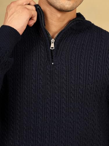 Image of Kvetoo Men's Full Sleeve High Neck Zipper Sweater| Warm Cable Knit Quarter Zip Pullover | Wool Winter Sweater for Casual & Office Wear