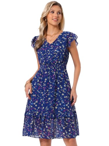 Image of Allegra K Women's Floral Dress Spring Summer V Neck Flutter Sleeve Ruffle Casual Smocked Knee Length Dresses
