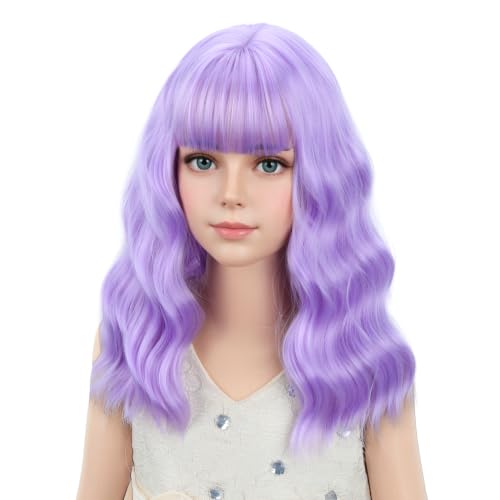 Image of PATTNIUM Girls Kids Purple Short Wavy Wig with Bangs