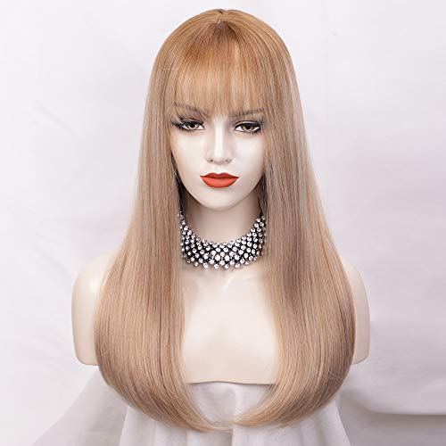 AISI QUEENS Long Straight Wig with Bangs Ombre Ash Blonde Wig for Women Synthetic Fully Wig Heat Resistant Cosplay Party Costume