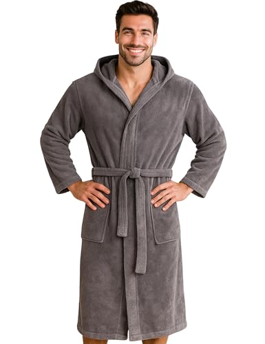 Morgenstern Bademantel Herren mit Kapuze aus Frottee in Blau, Grau, XL