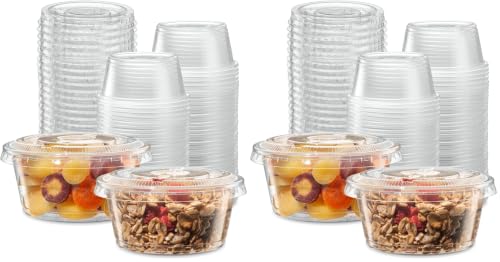 Image of (3.25 oz - 100 Sets) Clear Diposable Plastic Portion Cups With Lids, Small Mini Containers For Portion Controll, Jello Shots, Meal Prep, Sauce Cups, Slime, Condiments, Medicine, Dressings, (Pack of 2)