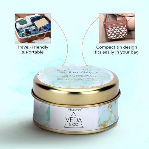 Image of Welburn Veda&Co Scented Wax Candle - Stress Relief | Aromatherapy Travel Tin Candle | 100% Natural Soy Wax | Relaxing Stress-Relieving Fragrance | 15 Hours Burn Time | 85gm Travel Candle