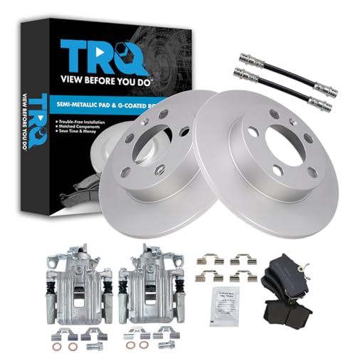 Image of TRQ Rear Brake Pad and Rotor Set Semi Metallic Coated Rotors Calipers Compatible with 1999 Volkswagen Jetta