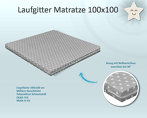 Baby Delux Laufgittermatratze 100x100 cm für Laufstall Laufgitter Grey Stars Schaumstoff Oeko-TEX Zertifiziert