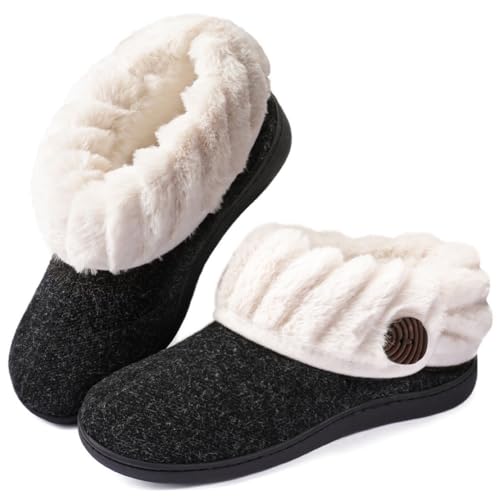 Wishcotton Women's Wool Cozy Memory Foam Winter Slippers Indoor Outdoor with Fuzzy Faux Fur Collar
