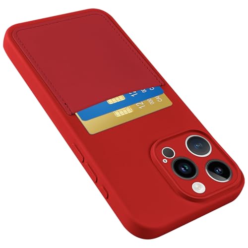 Karrint for iPhone 15 Pro Max Case with Card Holder Soft Liquid Silicone Credit Card ID Slot, Full Camera Scratchproof Shockproof Protective Cover for iPhone 15 Pro Max Wallet Case for Women Men Red