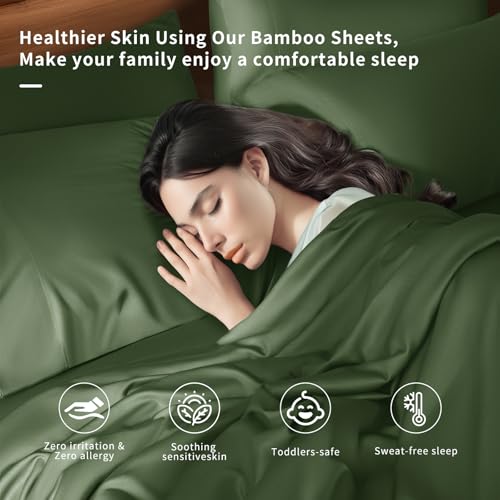 Image of Shilucheng 6 Piece Queen Sheet Sets, Cooling Sheets, Blend Rayon Derived from Bamboo, Deep Pocket Up to 16 inch, Breathable & Soft Bed Sheets, Hotel Silky Bedding Set, Olive Green