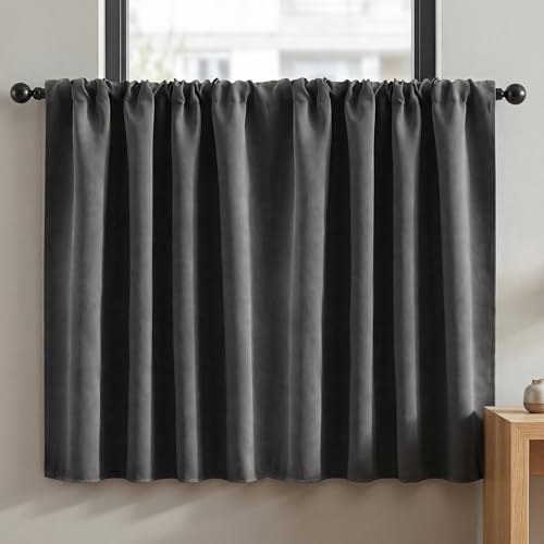 Cortinas Cortas para Ventanas Pequeñas,Juego de 2,Visillo Opaco de Media Ventana,con Bolsillo para Barra,Diseño Elegante,Filtran la Luz,para Cocina,Baño,Caravana (Gris Oscuro, H 45 x B 132 cm)