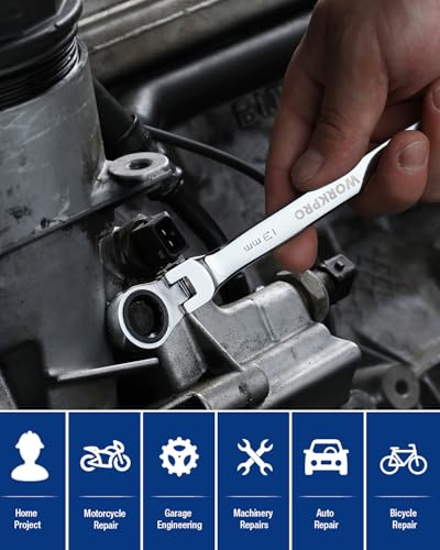 Image of WORKPRO 13 mm Ratcheting Combination Wrench, Mirror Polish Chrome Plating | Premium CR-V Steel, 72-Teeth, 12 Point Design, Metric, For Home Projects, Motorcycle Repair, Garage Work, Plumbing, Machinery