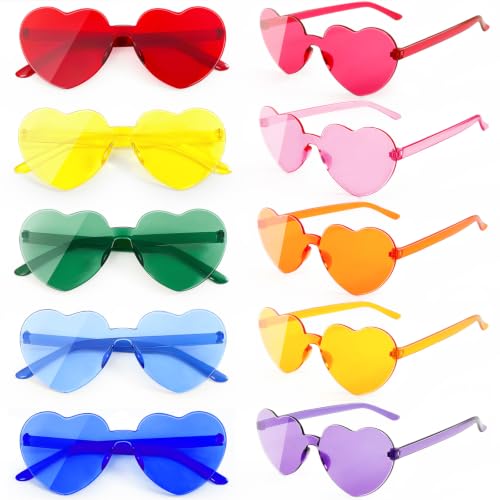 SUNOVELTIES 10 Pack Heart Sunglasses for Women, Funny Heart Shape Rimless Transparent Glasses, Candy Color Party Eyewear for Teens and Adults