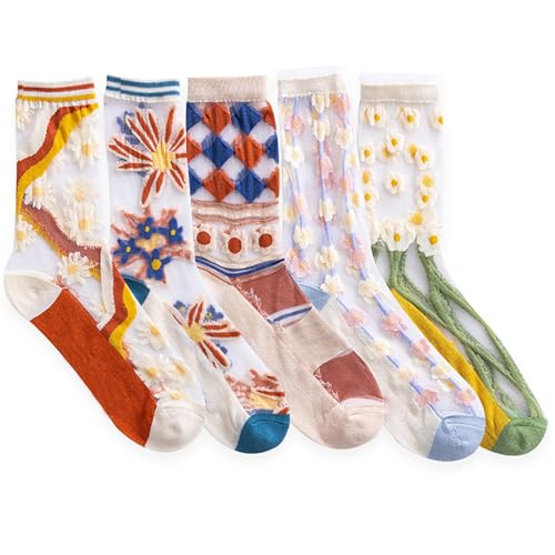 5pcs Womens Sheer Socks, Summer Transparent Thin Mesh Lace Elastic Jacquard Crystal Glass Socks
