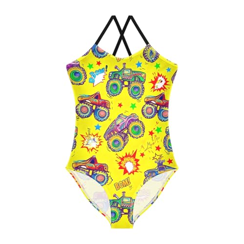CHIFIGNO Colorful Trucks Yellow Bathing Suits for Kids Quick Dry Crossback Girls' One-Piece Swimwear 3T