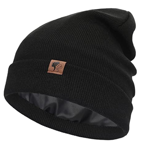 Olivia Sylx Cuffed Beanie for Women - Satin Lined Winter Hat - Black
