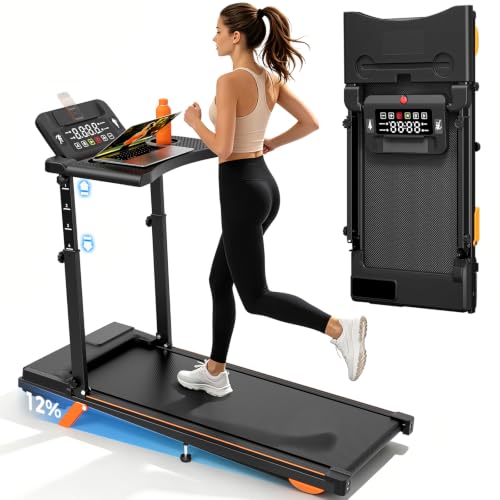 Image of Walking Pad Treadmill with Desk, Foldable Incline Treadmills for Home, Treadmills for Home with Adjustable Handlebar, Removable Desk and 12% Incline, Ideal for Walking, Jogging and Home Office