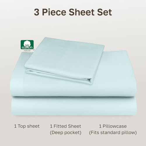 Image of California Design Den Twin Bed Sheets Set - Natural 100% Cotton Sheets with 12 inch Pockets, Soft Sateen Weave, Breathable and Durable Bedding Set for Dorm Rooms, College (Seafoam)