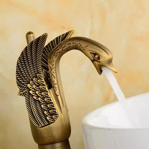 Image of BASSINO Brass Antique Swan Shape Bathroom Sink Wash Basin Mixer Tap Single Handle Hot & Cold Waterfall Lavatory Sink Faucet for Living Room & Bathroom (Antique-8 INCH)