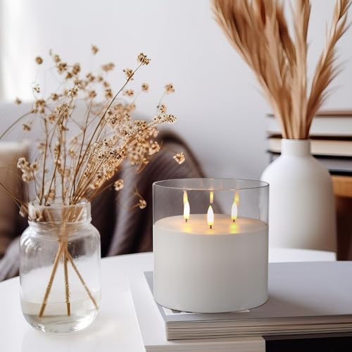 Image of Retisee 6'' x 6'' Extra Large Flameless Candles, 3 Wick Glass Large Candles with Remote Control and Timer Function, Real Wax LED Pillar Flickering for St. Patrick's Spring Party Decor(Clear,2 Pcs)