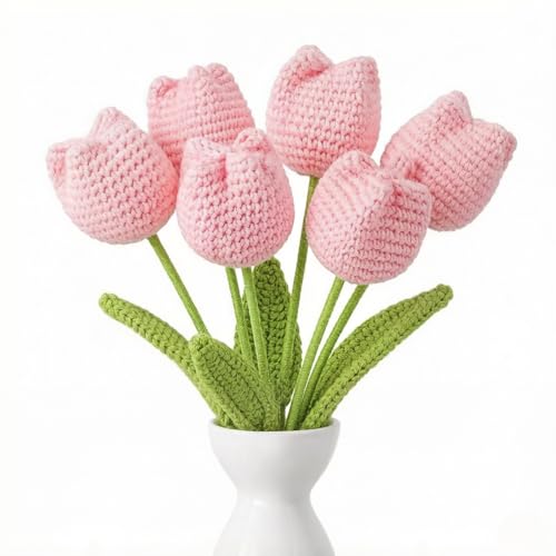 Artificial Crochet Flowers Bouquet Handmade Knitted Flowers Completed Crocheted Tulips Flowers Gift for Mothers Day Birthday Wedding Home Decor(Pink 6 Pcs)