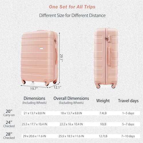 Luggage Sets 4 Piece, ABS Durable Suitcase with Travel Bag, Carry On Luggage Suitcase Set with 360° Spinner Wheels, Pink4