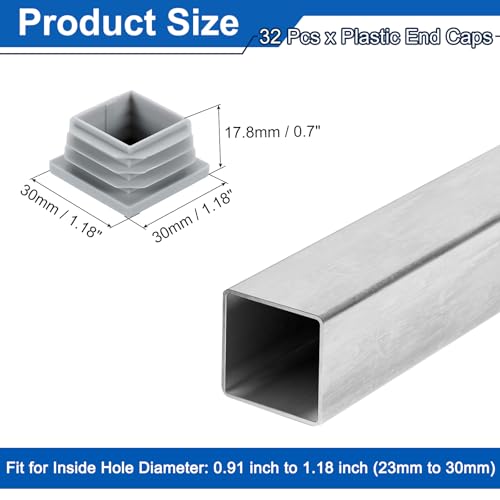 Image of uxcell 1 3 /16 inch (30mm) Square Tubing End Caps, 32 Pcs Plastic Hole Plugs Insert End Cap for Metal Tubing Post Chair Leg Table Bookshelves Furniture, Grey