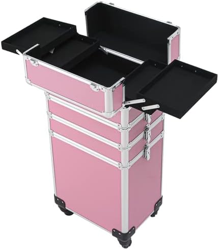 Miniatura 6 de Rolling Makeup Case 4 in 1 Draw-Bar Interchangeable Aluminum Makeup Box Train Case with Wheel Large Cosmetology Trolley Case Lockable Travel
