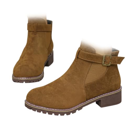 XUANXUANQZ Botines De Tacón Bajo Elásticos Lisos Para Mujer, Botines De Ante Con Tacón Grueso Y Punta Redonda, Botines Cortos Elásticos Con Suela Dentada Y Cierre De Cordones (Marrón,39)