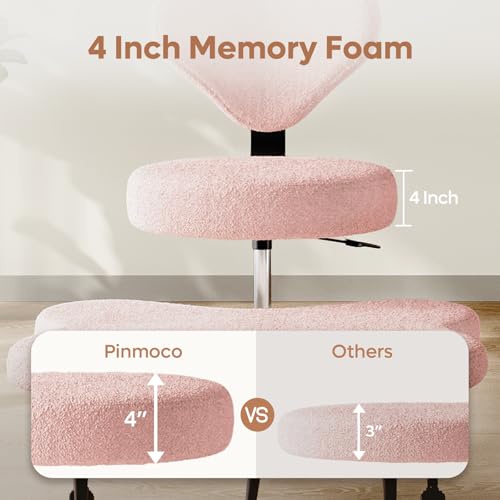 Image of Pinmoco Ergonomic Cross Legged Chair, 360 Swivel Meditation Chair with Wheels, Height Adjustable Seat for ADHD, Strong Lumbar Support, Chic Home Office Furniture, Teddy Fabric, Pink