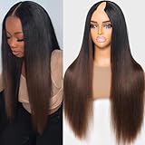 KLAIYI Ombre Brown V Part Wig Yaki Straight Human Hair Upgrade U Part Wig with Dark Roots Glueless Chestnut Brown Clip in Half Wig No Glue No Lace No Leave Out Beginner Wig Wear and Go Wig 150% 22Inch