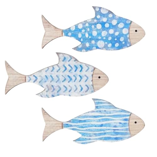 FCKLVMC 3 Pcs Wooden Fish Wall Decor with 3 Glue Dots, 6.7 x 3in Fish Bathroom Decor Art for Nautical Coastal Theme Beach House Wall Decorations