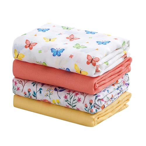 Image of Viviland Bamboo Cotton Blend Muslin Swaddle Blankets, 70% Bamboo & 30% Cotton, Ultra Soft Silky Receiving Blanket for Newborn, Large 47x47 inches, 4-Pack Unisex Gift, Colorful Butterfly