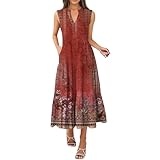 Women's Summer Sleeveless Dress Casual V Neck Pleated Ruffle Hem Tank Dresses Solid Color Beach Vacation Sundresses Vestido de Mujer Casual Y Moderno Red Medium