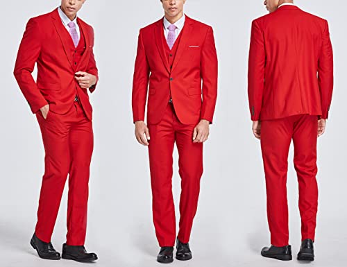 My's Men's 3 Piece Slim Fit Suit Set, One Button Solid Jacket Vest Pants With Tie Red #TOP3