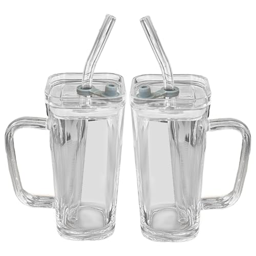 Tasses en verre avec couvercles et pailles 250ml Lot de 2 gobelets transparents à poignée