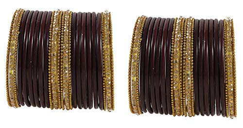Image of NMII Glass With Zircon Gemstone Studded Worked and Ball Chain Or Plane Gloosy Finished Bangles Set For Women and Girls