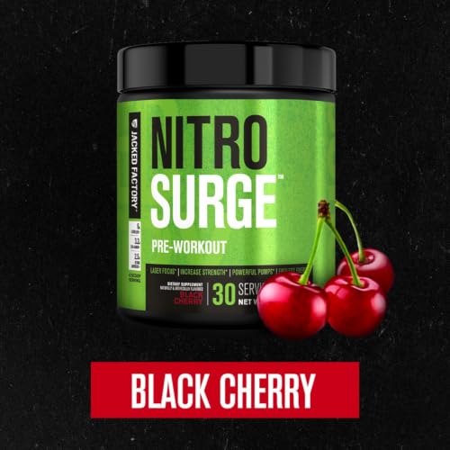 Image of Jacked Factory NITROSURGE Pre Workout Supplement - Endless Energy, Instant Strength Gains, Clear Focus and Intense Pumps - NO Booster & Powerful Preworkout Energy Powder - 30 Servings, Black Cherry