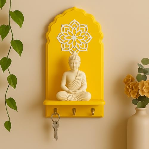 Image of Globally Indian Engineered Wood Keys Holder for Wall with Shelf | Mandala Design Key Stand Organizer for Home Entrance | Decorative Key Hanger for Wall, Entryway, Living Room | Floating Shelf (Yellow)