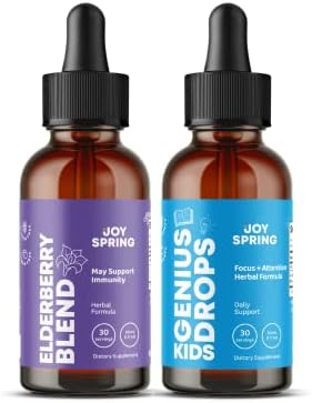 JoySpring Elderberry Syrup for Immune Boost - Liquid Elderberry for Kids and Genius Drops Organic Kids Focus and Attention