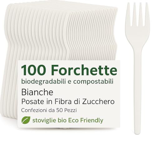 100 Forchette biodegradabili e compostabili Bianche Posate in Fibra di Zucchero Confezioni da 50 Pezzi stoviglie bio Eco Friendly (100 pezzi)