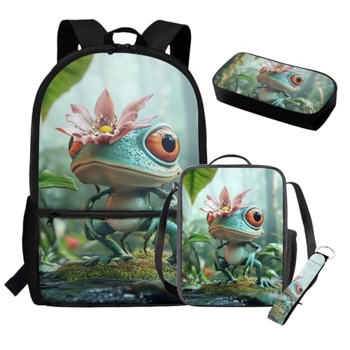 Rnyleeg Frog Backpack for Boys with Lunch Box School Backpack for Boys 8-10 10-12 Lightweight Kids Bookbag Set 4 Pcs for Primary Middle School Casual Rucksack Book Bag2