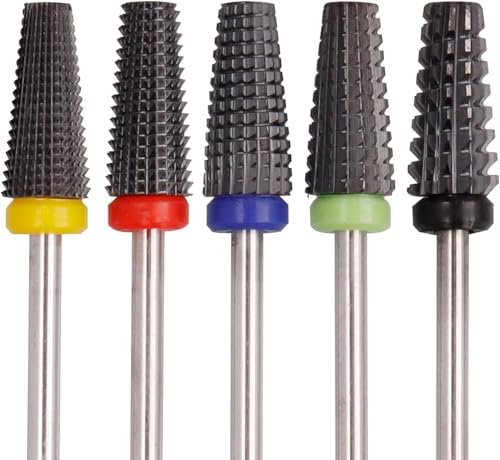 Gasea Juego de 5 Brocas de Cerámica para Uñas, Fresas Torno para Uñas Profesional, Brocas de Uñas para Quitar Gel, Acrílico, Cutícula, 3/32'', Brocas para Uñas para Manicura XC C M F XF (Negro)