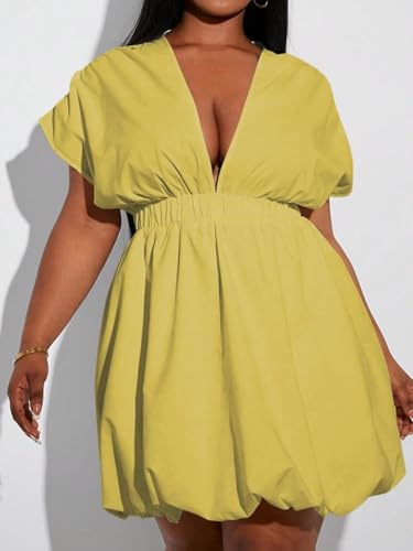 Image of WDIRARA Women's Plus Size Deep V Neck Bubble Dress Short Sleeve A Line Mini Dresses