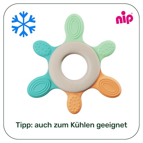 nip – Beißring | Nachhaltiger Beißring für Babys ab 3 Monaten aus über 65% natürlichen Rohstoffen. Zur sanften Massage von Zahnfleisch, Zunge und Zähnchen | Rot/Grün/Orange
