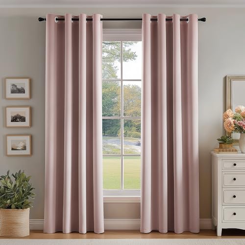 Image of FMFUNCTEX 100% Blackout Curtains for Bedroom, Blush Pink Curtains 63 Inches Long Textured Thermal Insulated Curtains for Living Room Drapes, Black Out Drapery Grommet Room Darkening 2 Panels