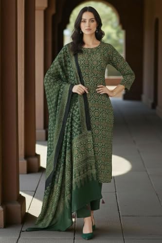 Image of Eddika naturally dyed women's unstitched 2-piece Ajrakh Hand Block Printed Modal Silk dress material. (Top & Dupatta) Endmstpss029